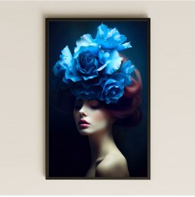 Resim Mavi Güllü Kadın Portresi Temalı Zarif Sanatsal Pleksi Tablo 