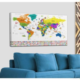Resim Doğaltercih Türkçe Dünya Haritası Ayrıntılı Eğitici-Öğretici Sembollü Bayraklı Dekoratif Kanvas Tablo 2832 