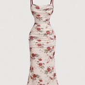 Resim Kadınların şık çiçek desenli askılı elbisesi, polyester %95 elastik %5, bahar/yaz örgü kumaş, V-yeşil yaka tişört tarzı, gül desenli, 200g/m² ağırlığı, Sevgililer Günü için mükemmel - Yetişkin 