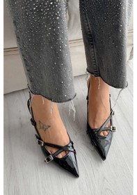 Resim Duxal Shoes İki Bantlı Bordo Rugan Kadın Topuklu Siyah 
