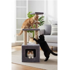 Resim AyrStore Pet Basamaklı Yuvalı Kare Ev Kedi Tırmalaması Gri 