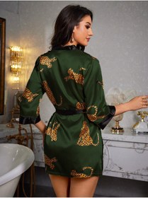 Resim Genel Markalar Leoparlı Haki Renk Saten Mini Kimono Sabahlık 