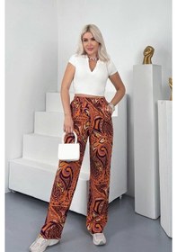 Resim Defymoda Kadın Desenli Dokuma Viskon Kumaş Cepli Bol Paça Pantolon Çok Renkli 