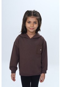 Resim Kız Çocuk Relax Fit Kapüşonlu Düşük Omuz Nakışlı Sweatshirt - Cep Detaylı Mor 