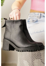 Resim Günlük Kadın Bot Fermuarlı Kalın Yüksek Topuklu Traktör Tabanlı Kürklü Astarlı Bootie 2401 Siyah 