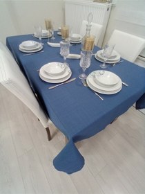 Resim Keten Görünümlü Dertsiz Masa Örtüsü Indigo Mavi 