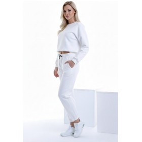 Resim Beli Büzgülü Cepli Rahat Jogger Eşofman Altı Beyaz 