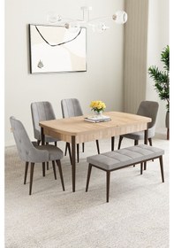 Resim Clara Meşe Desen 80x132 Açılabilir Mdf Masa Yemek Odası Takımı,mutfak Takımı 4 Sandalye 1 Bench Gri 