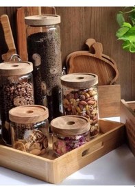 Resim The Mia Ahşap Kapaklı 4 Lü Büyük Boy Cam Saklama Kabı 1000 Ml Cam0315 