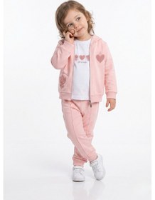 Resim Toontoy Kids Toontoy Kız Çocuk 3'lü Eşofman Takımı Uzun Kollu Bisiklet Yaka Nakışlı T-shirt - Kapüşonlu Fermuarlı Hırka- Beli Paçası Lastikli Eşofman Altı 25041 Pudra 
