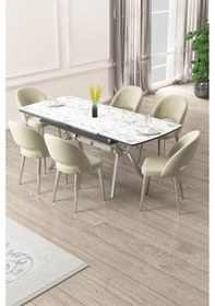 Resim Canisa Weps Serisi 89x150 Açılabilir Lak Panel Beyaz Mermer Krom Ayak Masa Takımı Ve 6 Krem Sandalye Beyaz Mermer Desen Masa Krem Sandalye 