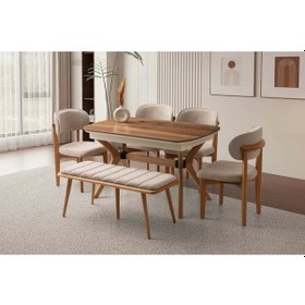 Resim Ahşap Salon Çınar Yemek Masa Sandalye Takımı Ortadan Açılır Büyüyen 4 Sandalye 1 Bench 80x130cm Kahve-ekru 