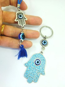 Resim cuaderno Nazar Boncuğu Mavi Püsküllü Hamse Araba Dikiz Ayna Süsü+Hamse Anahtarlık Hediyelik İkili Set 