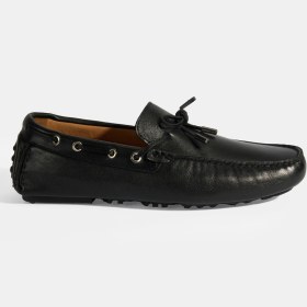 Resim Erkek Siyah Bağcık Detaylı Slip-On Deri Loafer 