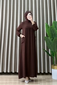 Resim Hürrem RÜYA ELBİSE Ayrobin Kumaş Kadın Kahverengi Yanları Cep Detaylı Yakası Açılabilir Düğmeli Tesettür Elbise 