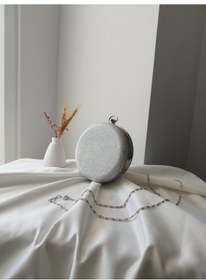 Resim Vivazzaluxe Modern Yuvarlak Model Simli Düğün Nişan Gelin Kadın Abiye Clutch Çanta Gümüş 