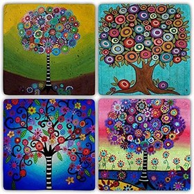 Resim Oscar Stone Decor Taş Bardak Altlığı Renkli Ağaç Family Tree Life - 4 LÜ SET(10 cmx10 cm) 
