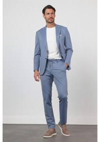 Resim İmza Mavi Kendinden Desenli Mono Yaka 6 Drop Slim Fit Takım Elbise 1001260165 