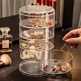 Resim 1 adet 5 Katlı Mücevher Kutusu, Şeffaf Döner Küpe ve Bilezik Düzenleyici, Toz Geçirmez Kapaklı Çok Fonksiyonlu Masaüstü Depolama, Plastik Aksesuar Tutucu Mücevher Kutuları 