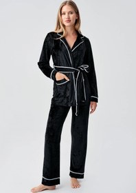 Resim Uzun Kollu Kimono Kadife Esnek Viskoz Pijama Takım 18216 - Siyah / XL 