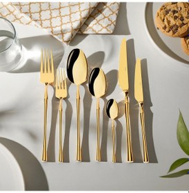 Resim Nehir Marbella Titanium 12 Kişilik 84 Parça Kutulu Çatal Kaşık Bıçak Takımı Altın 