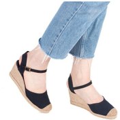 Resim Topuğu Açık Burnu Hasırlı Bilekten Bantlı Dolgu Topuk Keten Hasır Kadın Espadril Siyah 