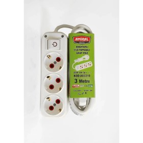 Resim Markport Amiral 3' Lü Topraklı Anahtarlı 3 Metre Kablolu Grup Priz 