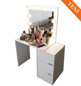 Resim Modena Hollywood Işıklı Aynalı Çekmeceli Makyaj Masası Beyaz Beyaz 