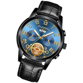 Resim Yingfu Fngeen 4001 Erkekler Kuvars Saat, Siyah Deri Siyah Çelik Mavi Yüzey, Çok Renkli Çok Renkli 