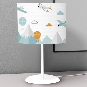 Resim instababyrooms Mavi Uçak Balon Desenli Çocuk Odası Dijital Baskılı Çocuk Odası Masaüstü Abajur Avize 