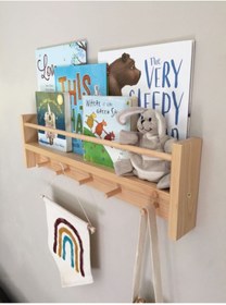 Resim OlcayAksesuar Doğal Ahşap Montessori Kitaplık Çocuk Bebek Odası Askılık Duvar Rafı Yan Uzun 
