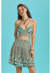 Resim Çiçekli Sulu Kumaş Beli Lastikli Mini Etek 001 