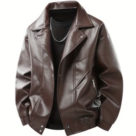 Resim Erkek Günlük Suni Deri Ceket, Yakalı, Fermuarlı Ön ve Yan Cepli - Bol Kesim, Uzun Kollu, Kahverengi, Polyester Astar, Sonbahar & Kış için Mükemmel, Sonbahar Kış Ceketi | Fermuarlı Ceket | Polyester Astarlı Ceket 