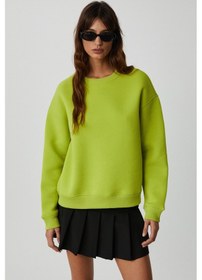 Resim Grimelange VANELTINA Kadın İçi Polarlı 3 İplik Organik Pamuk Oversize Basic Bisiklet Yaka Fıstık Yeşili Sweatsh 