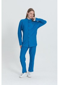 Resim Rocqerx R-4332 Hakim Yaka Gömlek Bel Lastikli Pantolon Geniş Ottoman Takım-saks Saks 