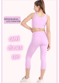 Resim Missmaral Kadın Kapri Tayt Diz Altı Lila Yüksek Bel Toparlayıcı Dar Paça Karyoka Dikiş Detaylı Capri 1020 Lila 