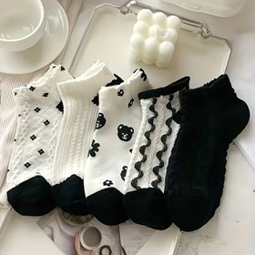 Resim 5 Çift Sevimli Kadın Ayak Bileği Çorabı - Tatlı Çiçek ve Ayı Desenleri, Beyaz Siyah ve Turuncu Detaylarla, Çizgili Manşetler, Rahat Polyester Karışımı, Günlük Giyim İçin Mükemmel, Hediye Olarak Mükemmel 