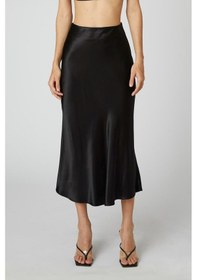 Resim Fashion Cocktail Saten Dökümlü Belden Oturan Kalın Iç Lastikli Yırtmaçsız Diz Altı Ofis Kombin Midi Etek Siyah Siyah 