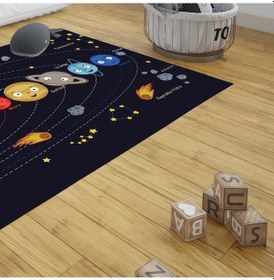 Resim Dijital Baskılı Kaymaz Yıkanabilir Eğitici Gezegen Desenli Çocuk Odası Halısı D9090 Lacivert 