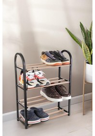 Resim Ahşap Çubuklu 4 Bölmeli Siyah Ayakkabılık Masif Ahşap Ayakkabılık Raf Ünitesi Ahşap - Siyah 