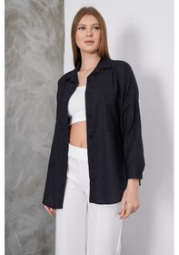 Resim Paw Garage Kadın London Keten Tek Cepli Oversize Gömlek, Premium Kalite Keten Gömlek Siyah 