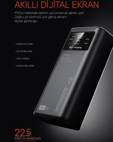 Resim POWERWAY 30.000 Mah Pd 22.5W Dahili Kablolu Hızlı Şarj Led Fener Gerçek 30.000 Mah PD30 Siyah Powerbank 