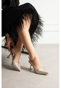 Resim Shoetek Rinva Kadın Stiletto Yandan Bantlı Topuklu Ayakkabı Altın Simli Deri 