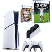 Resim Sony Playstation 5 Slim Cd + 2. DualSense Ps5 Kol + Sarj istasyonu + Fc 25 + GTA 5 Beyaz 