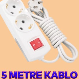 Resim Badem10 Topraklı Anahtarlı Düğmeli Çoklu 5 Metre Kablolu 2'li Grup Priz Fiş Çoğaltıcı Asmalı Uzatma 