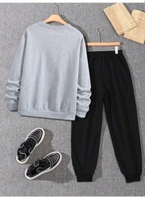Resim Boğa Eşofman Takımı Sweatshirt Jogger - Üst Gri Alt Siyah Oversize Şardonlu Bisiklet Yaka Gri-siyah 