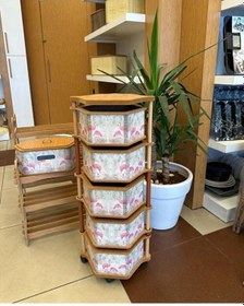 Resim Ahşap Altıgen Sebzelik 5 Katlı Yana Açılır Patates Soğan Tekerlekli Sebzelik Flamingo Beyaz 