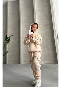 Resim Üç İplik Kapüşonlu Şardonlu Takım Kahverengi - Beyaz 