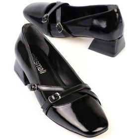 Resim Shoetek Elvinya Kadın Stiletto Kalın Topuklu Çapraz Bantlı Tokalı Küt Burunlu Ayakkabı Siyah Rugan Siyah Rugan 