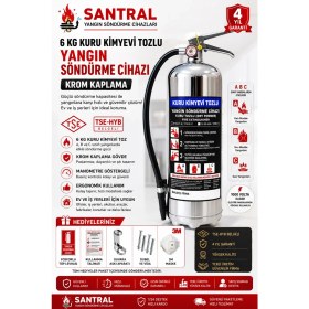 Resim Santral 6 kg Abc Kuru Kimyevi Tozlu Estetik Nikelaj Kaplama Yangın Söndürme Cihazı 4 Yıl Garantili Askı Aparatı Kullanma Talimatı Ve fosforlu Levha Hediye 